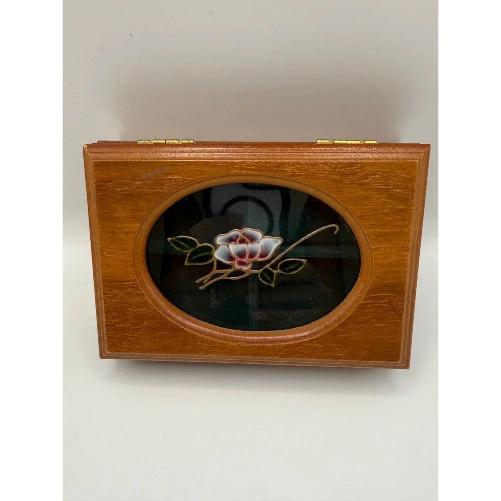 Vintage Mele Wooden Jewelry Box Stained Glass Floral Inlay Green Velvet Lining